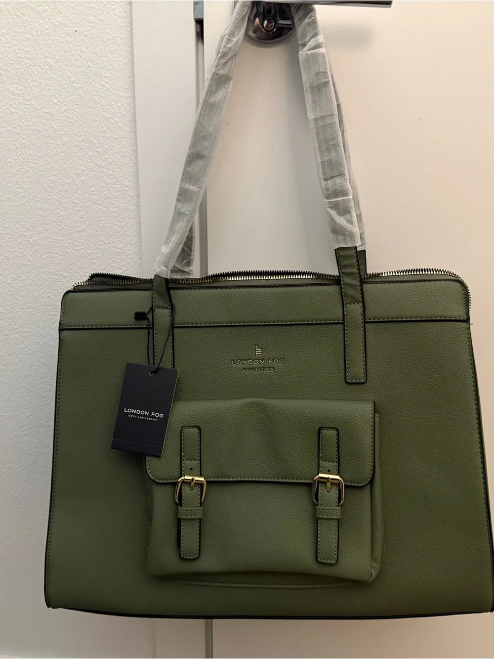 London Fog Olive Green Structured Tote with Front Buckle Pocket